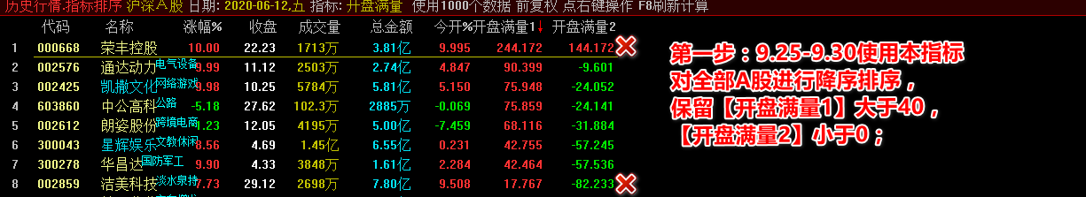 通达信【开盘满量】集合竞价抓涨停排序指标 源码分享