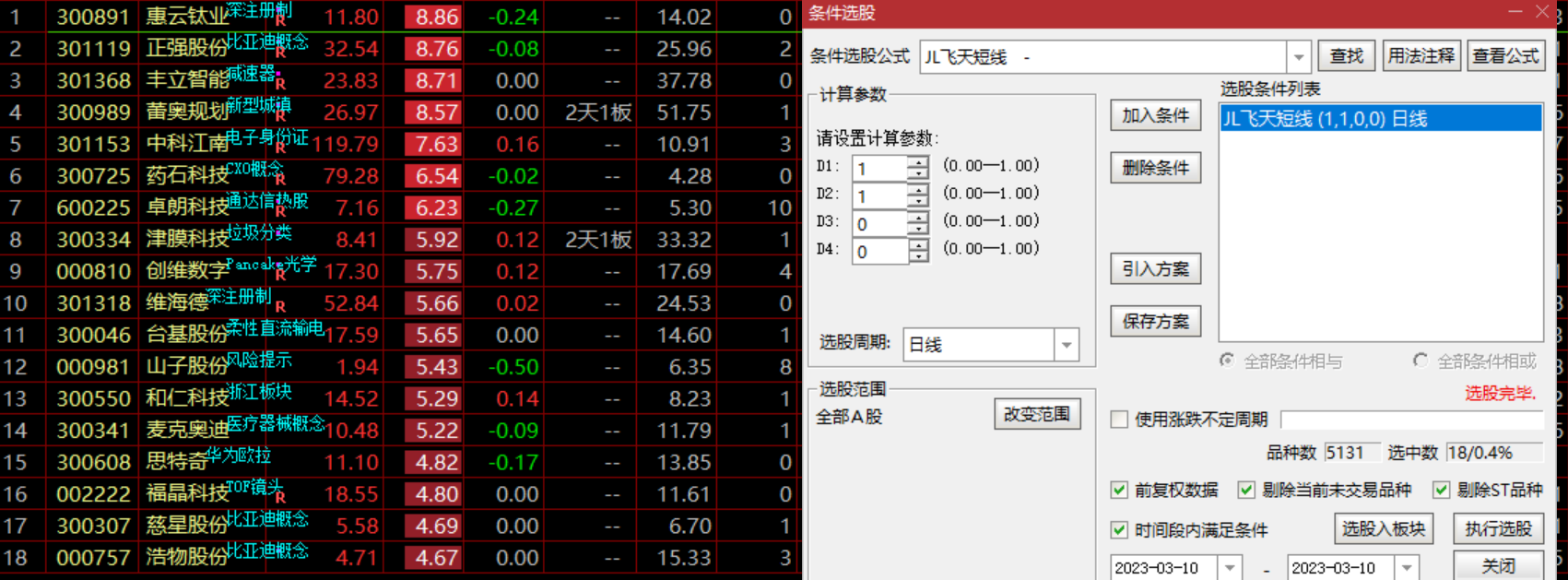 通达信飞天之短线副图选股-适合新规操作，源码分享